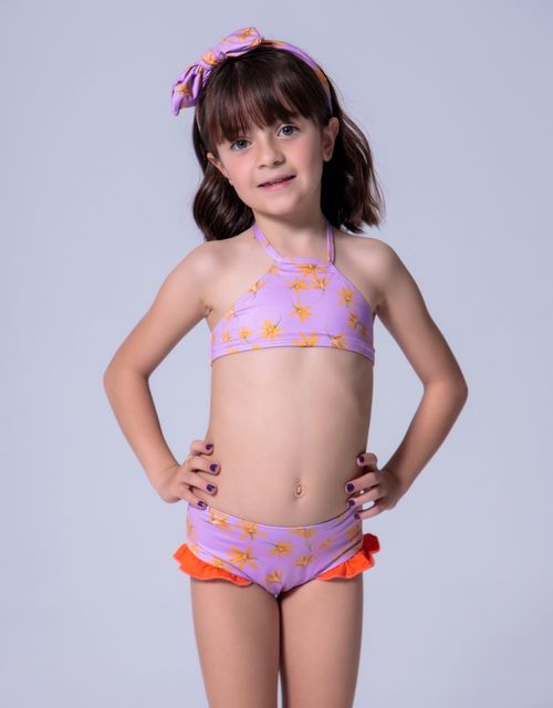 B335 - Biquini infantil cropped calcinha com babadinho.