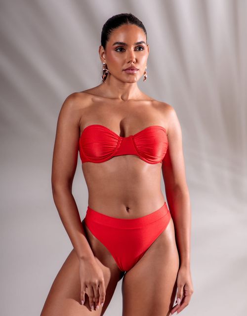 B568 - Conjunto sutiã tomara que caia franzido e calcinha fio duplo com pala.